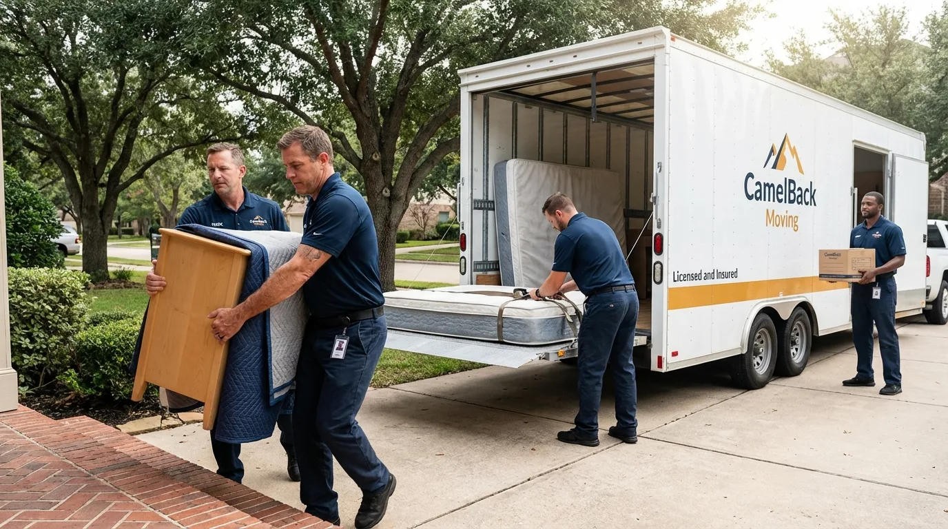 Crew loading residential truck for cross-state move from West Hills, CA