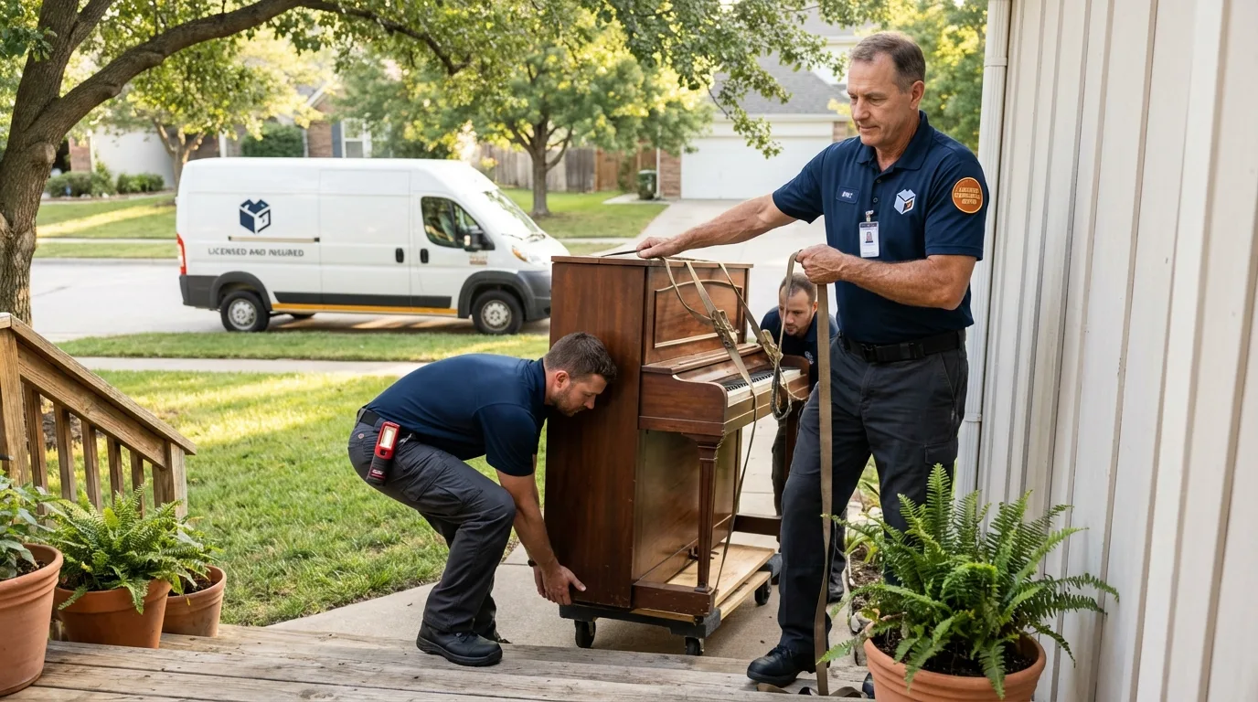 Licensed piano movers securing grand piano in West Hills, CA