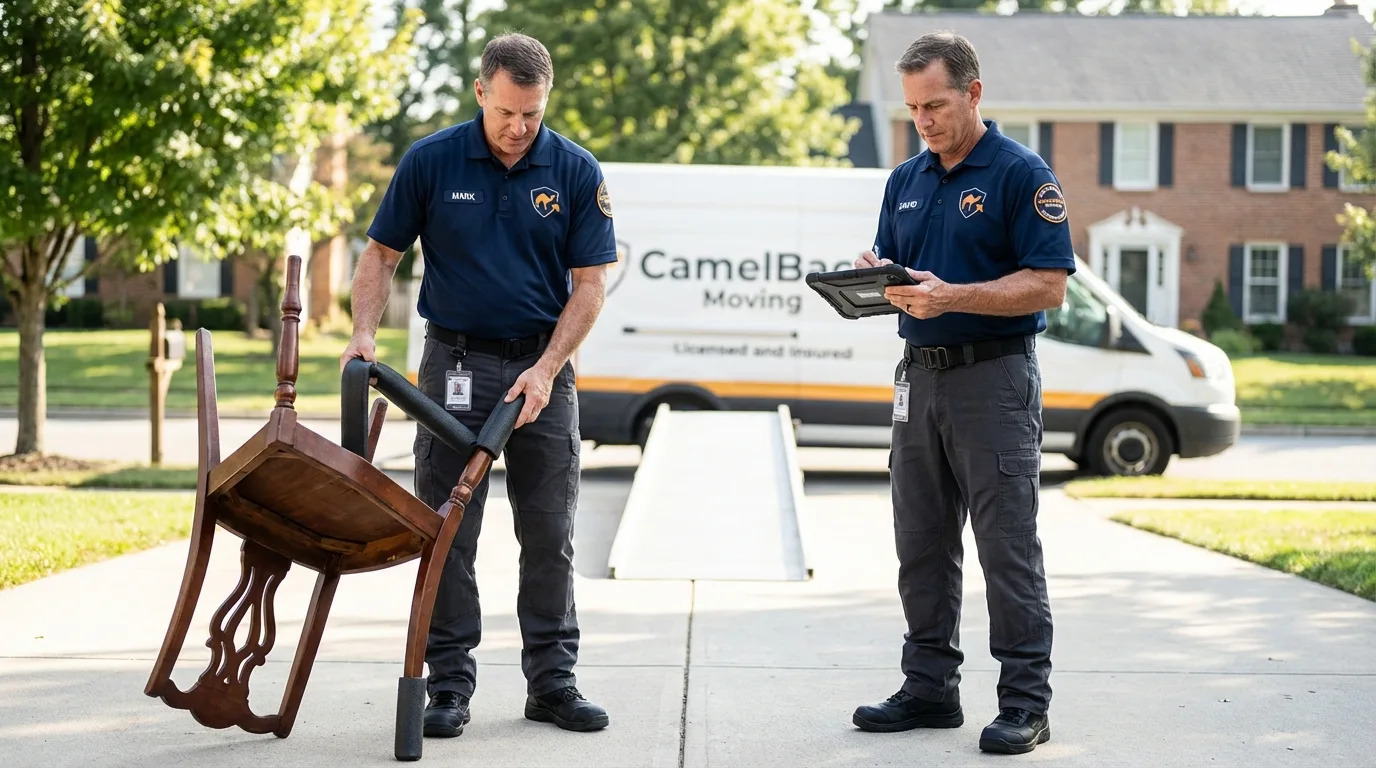 Movers inspecting furniture for damage prevention before loading in West Hills, CA