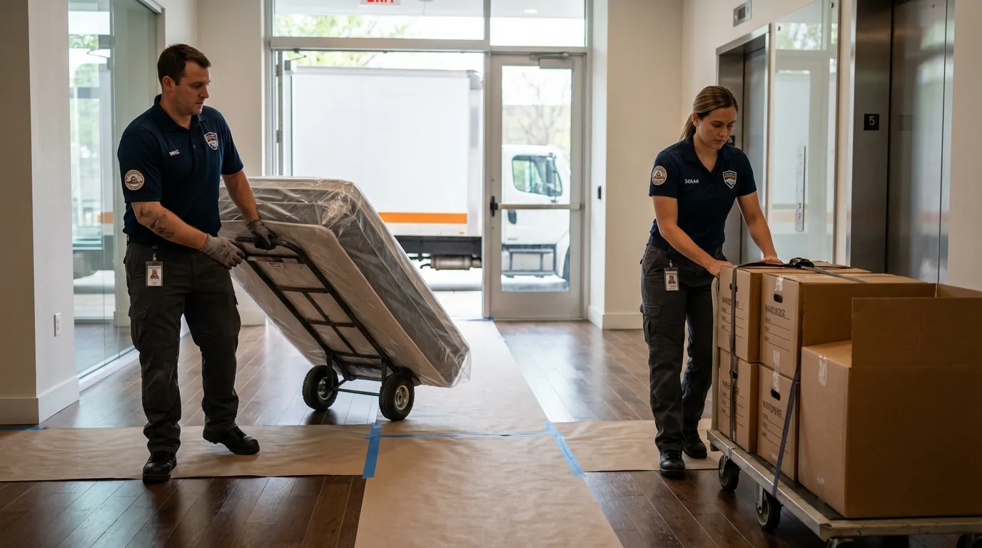 Professional apartment movers loading elevator in West Hills, CA