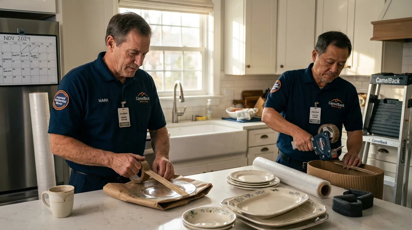 Professional crew packing kitchen dishware in West Hills, CA